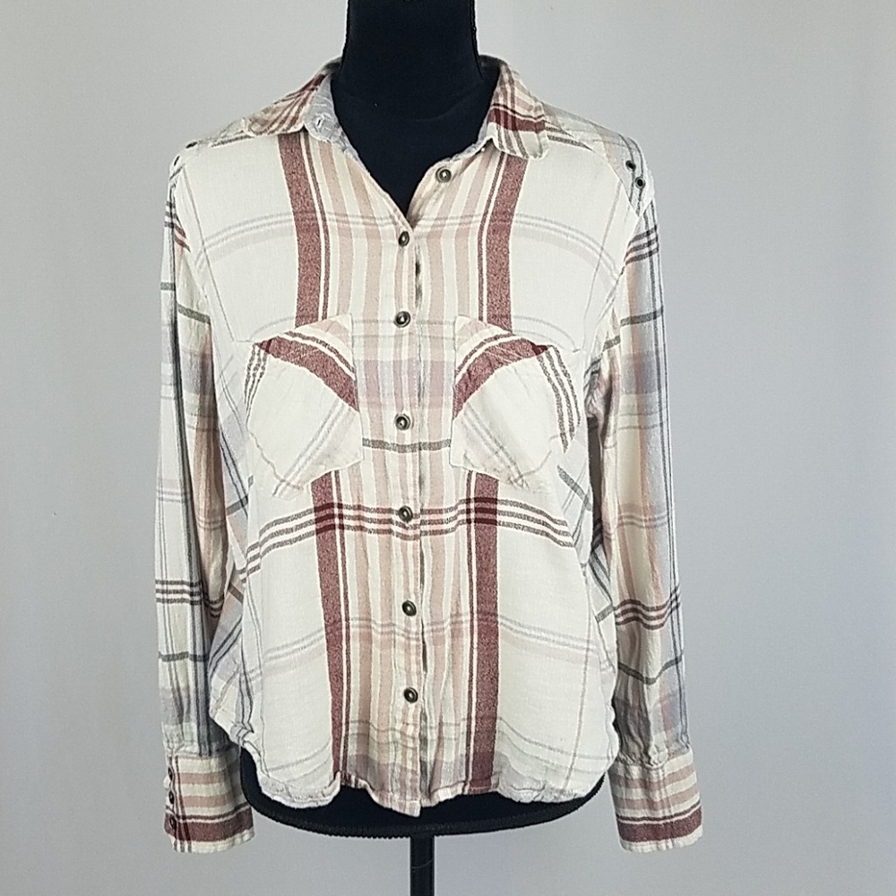 Free People‎ XS wesley plaid button down shirt long sleeve linen blend gorpcore